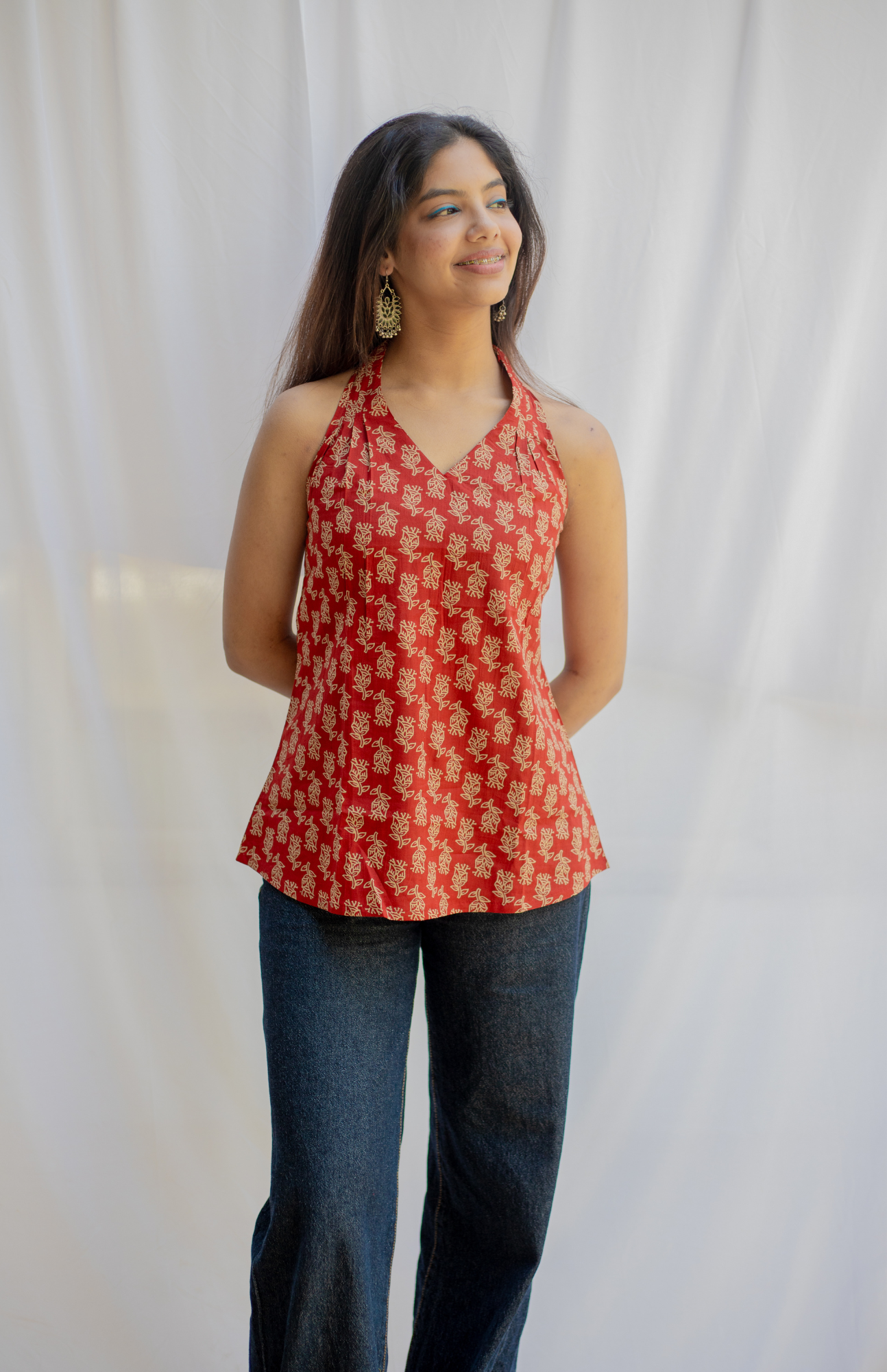 Rust V Neck Halter Neck Cotton Top with Shoulder Pleats