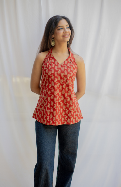 Rust V Neck Halter Neck Cotton Top with Shoulder Pleats