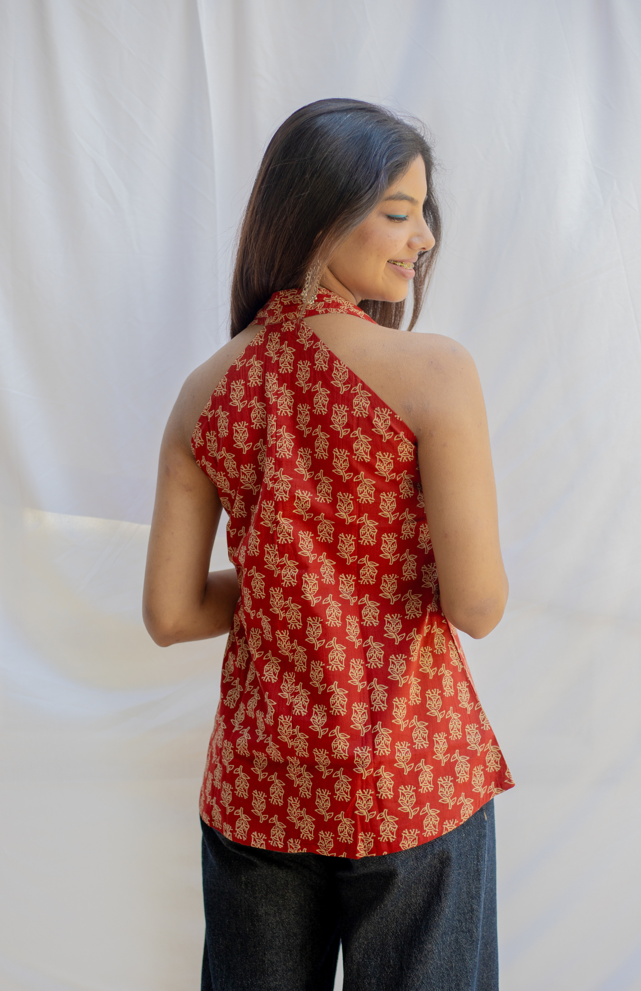 Rust V Neck Halter Neck Cotton Top with Shoulder Pleats