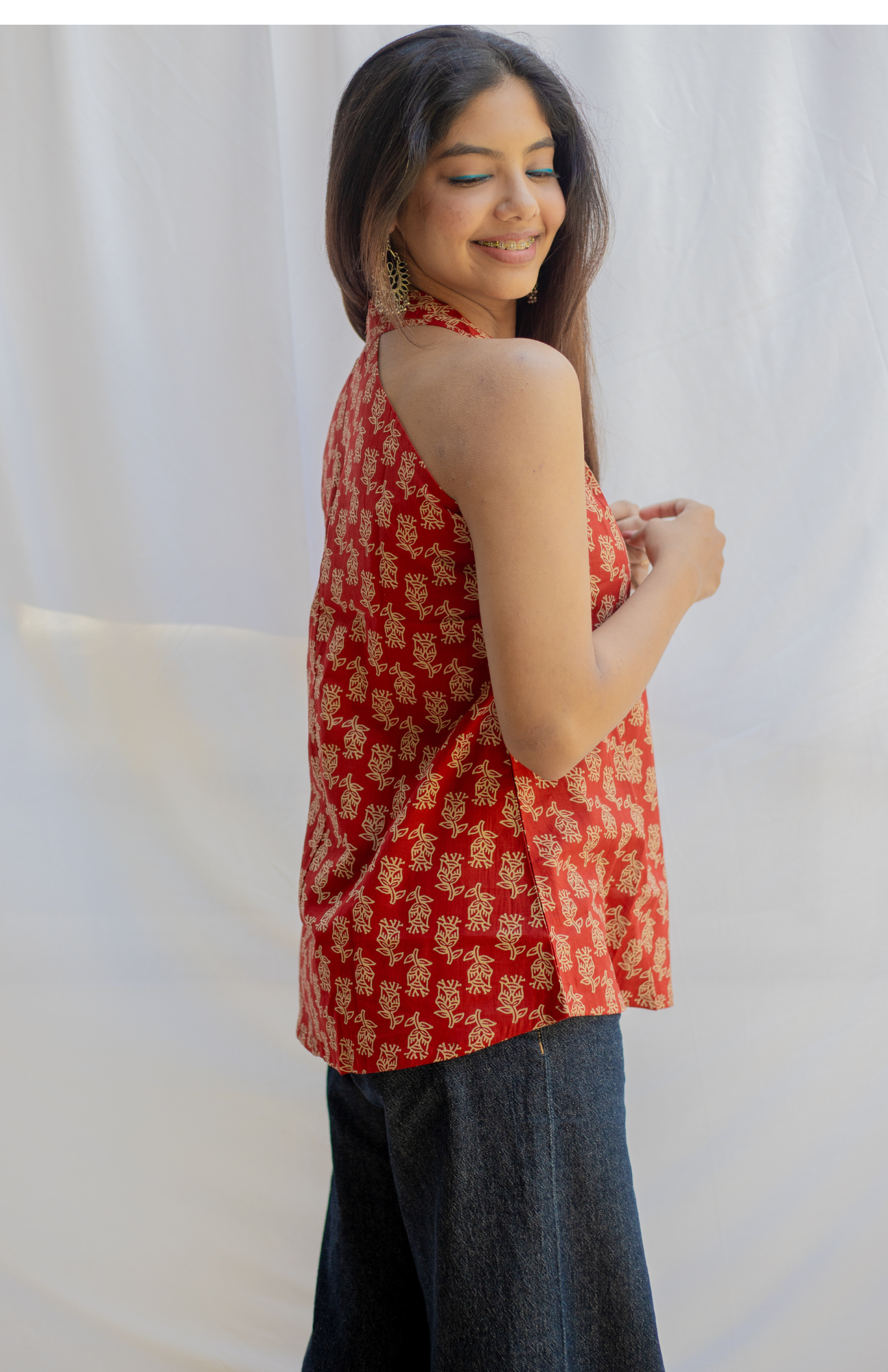 Rust V Neck Halter Neck Cotton Top with Shoulder Pleats