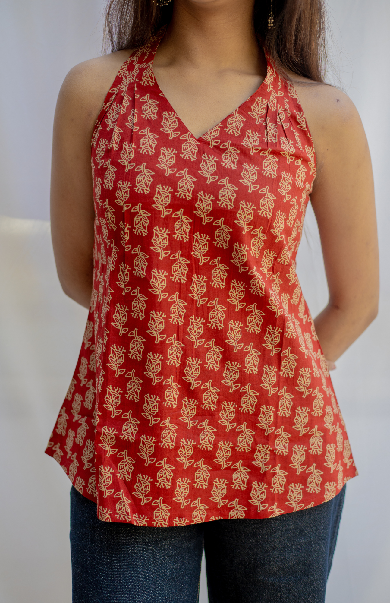 Rust V Neck Halter Neck Cotton Top with Shoulder Pleats