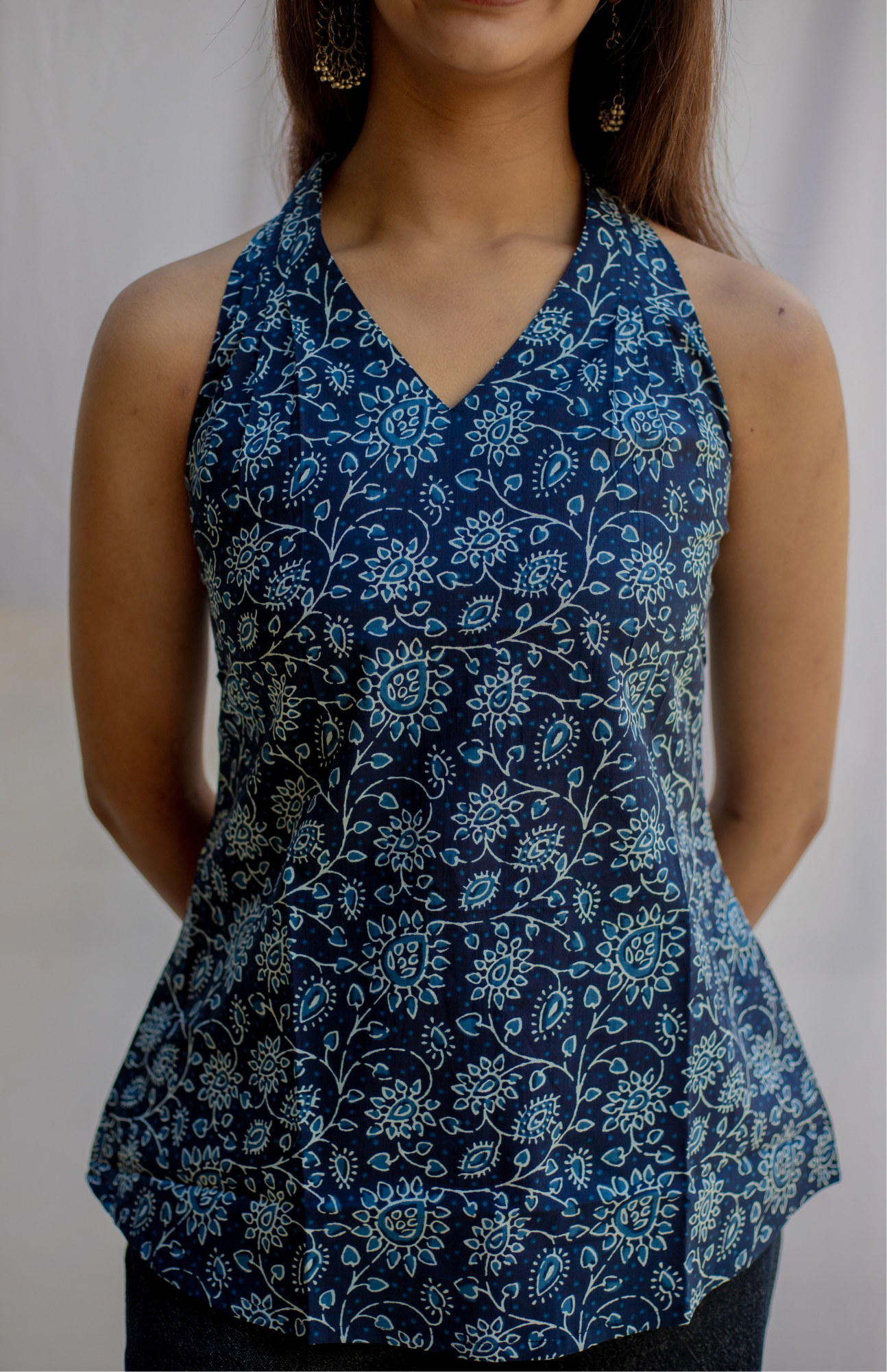 V Neck Halter Neck Top With Pleated Shoulder