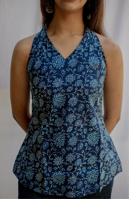 V Neck Halter Neck Top With Pleated Shoulder