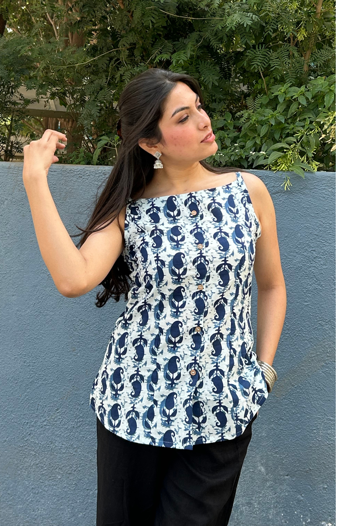 Blue & White Print Spaghetti Strap Top