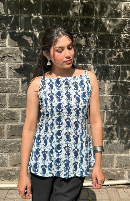 Blue & White Print Spaghetti Strap Top