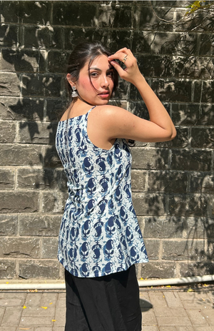 Blue White Kairi Print Cotton Spaghetti Strap Top for Women