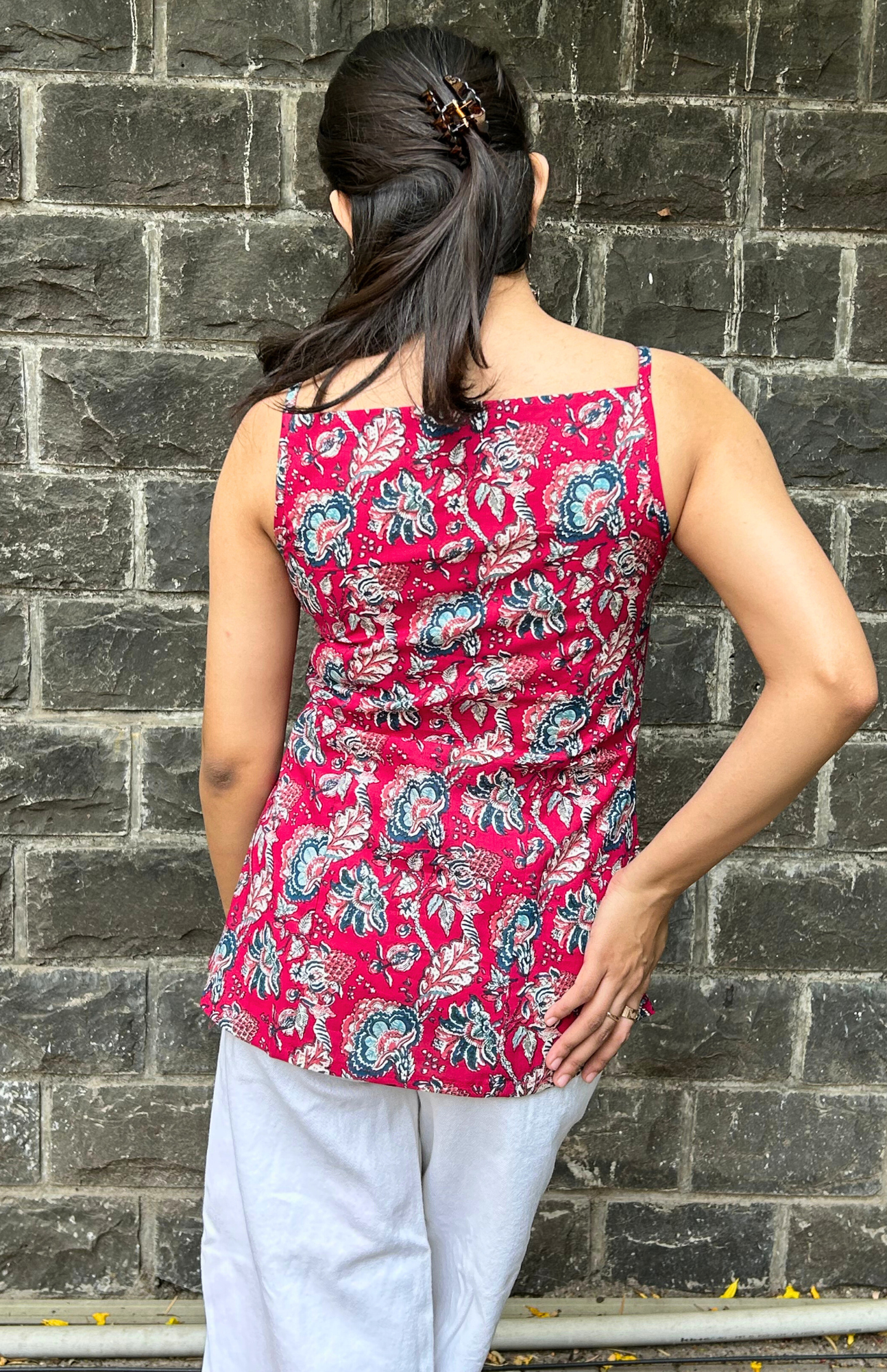 Pink Floral Print Cotton Spaghetti Strap Top
