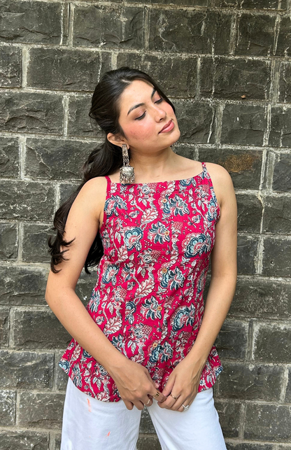 Pink Floral Print Cotton Spaghetti Strap Top