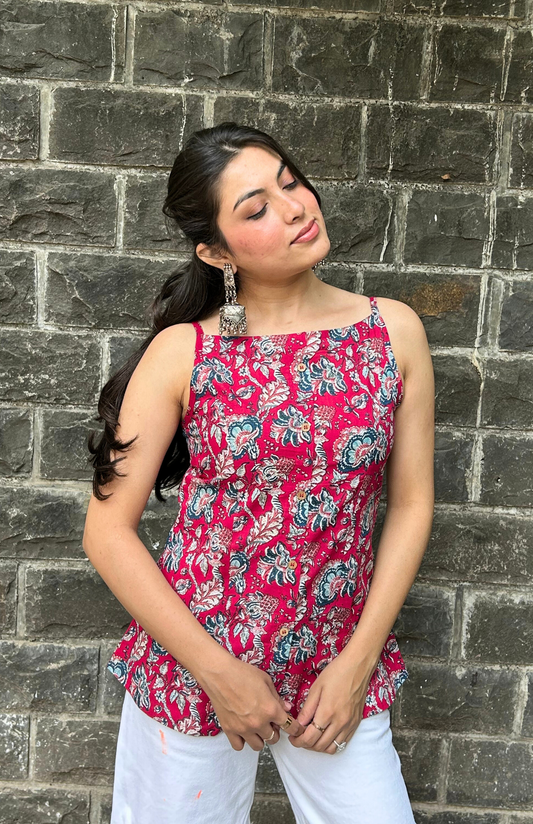 Pink Floral Print Cotton Spaghetti Strap Top