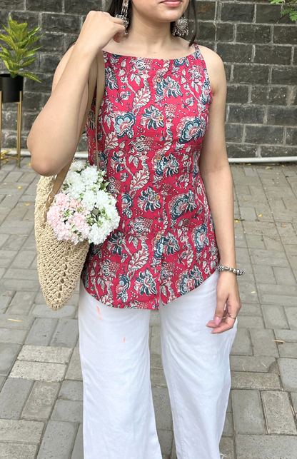 Pink Floral Print Cotton Spaghetti Strap Top