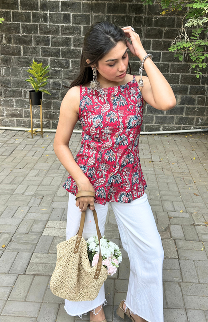 Pink Floral Print Cotton Spaghetti Strap Top