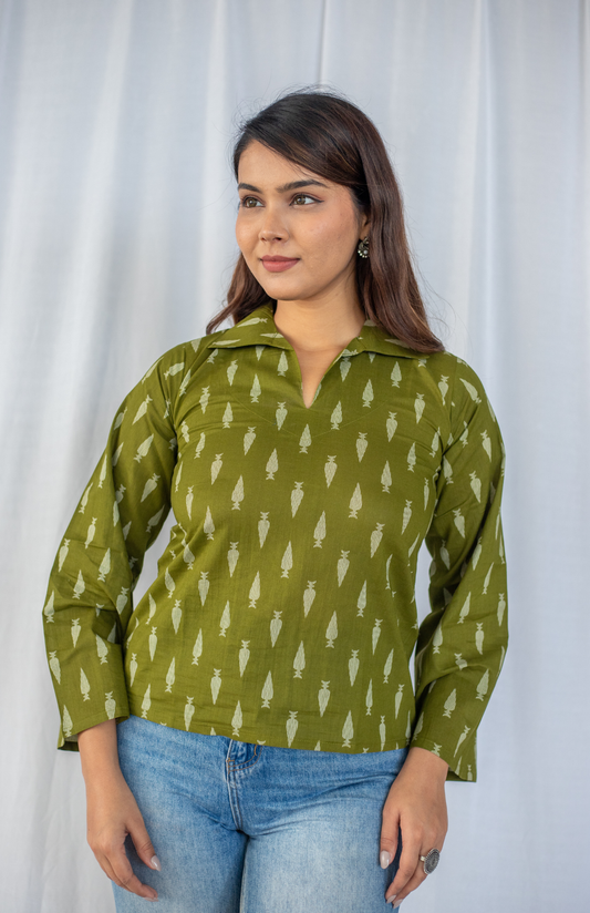 Olive Green Leaf Print Notch Collar Top with Bell Sleeve