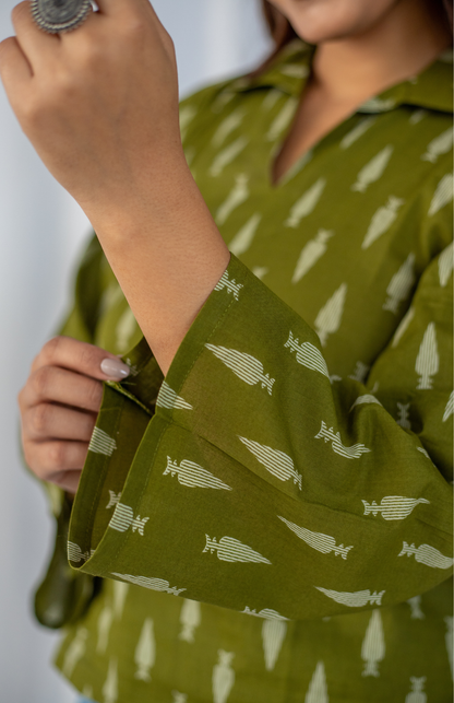 olive green leaf print cotton top bell sleeve detail