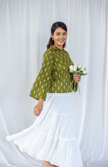 olive green leaf print cotton top for women styling