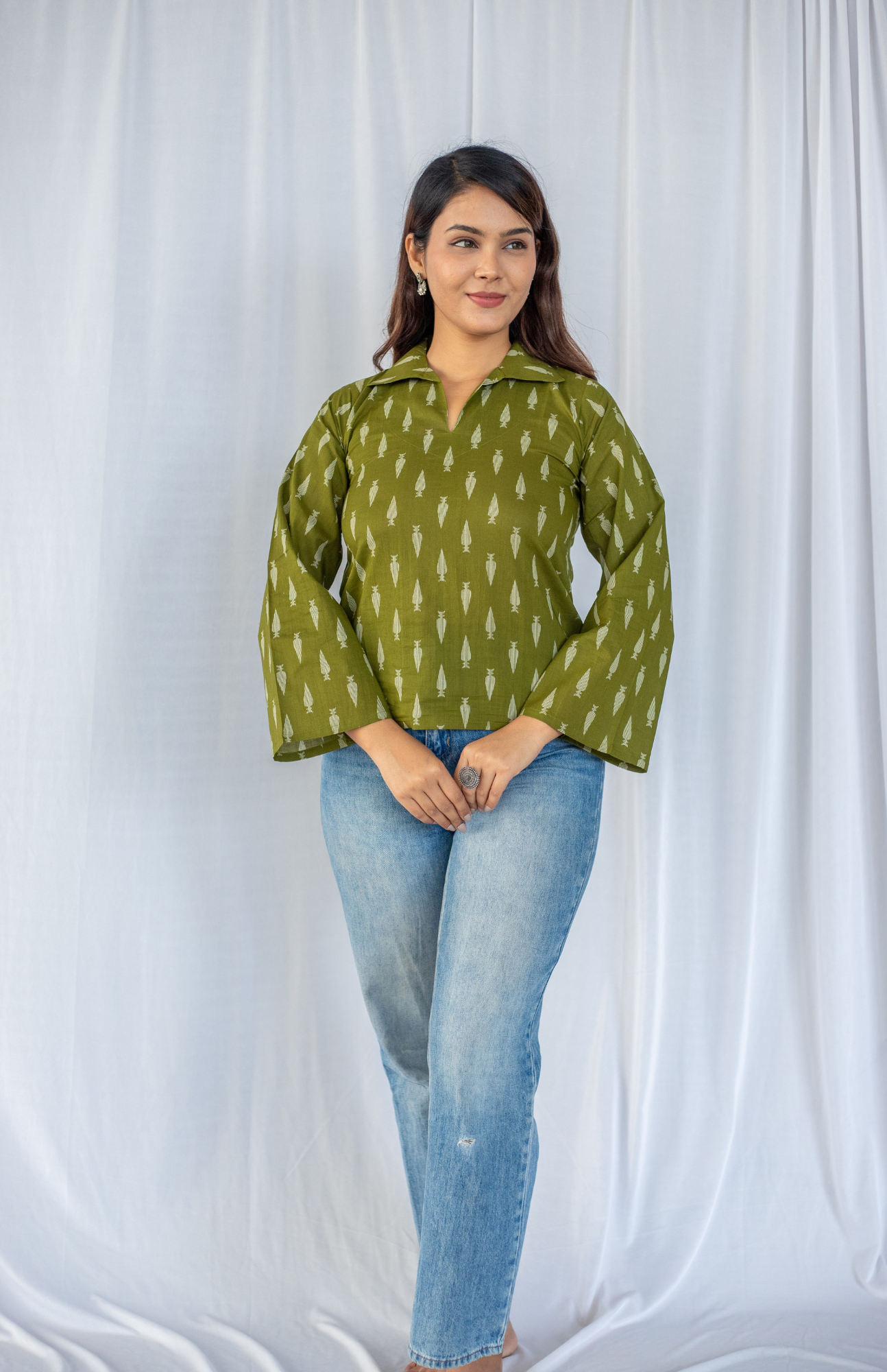 olive green leaf print cotton top for women 