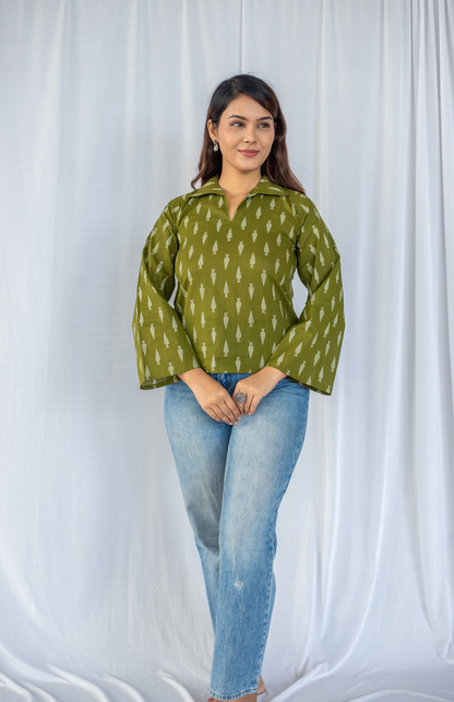 olive green leaf print cotton top for women 