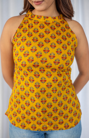 Mustard Ajrakh Tie-Up Top