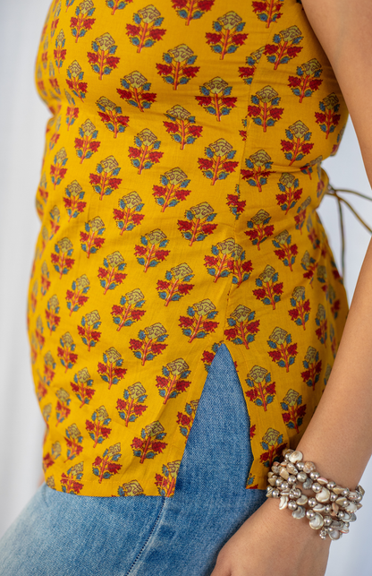 mustard ajrakh cotton halter neck top for women side view