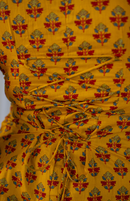 mustard ajrakh cotton halter neck top tie up back detail