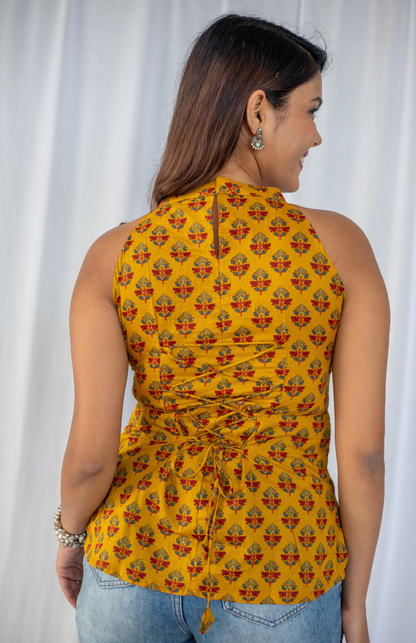 mustard ajrakh cotton halter neck top for women back view