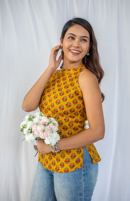 mustard ajrakh cotton halter neck top for women side view