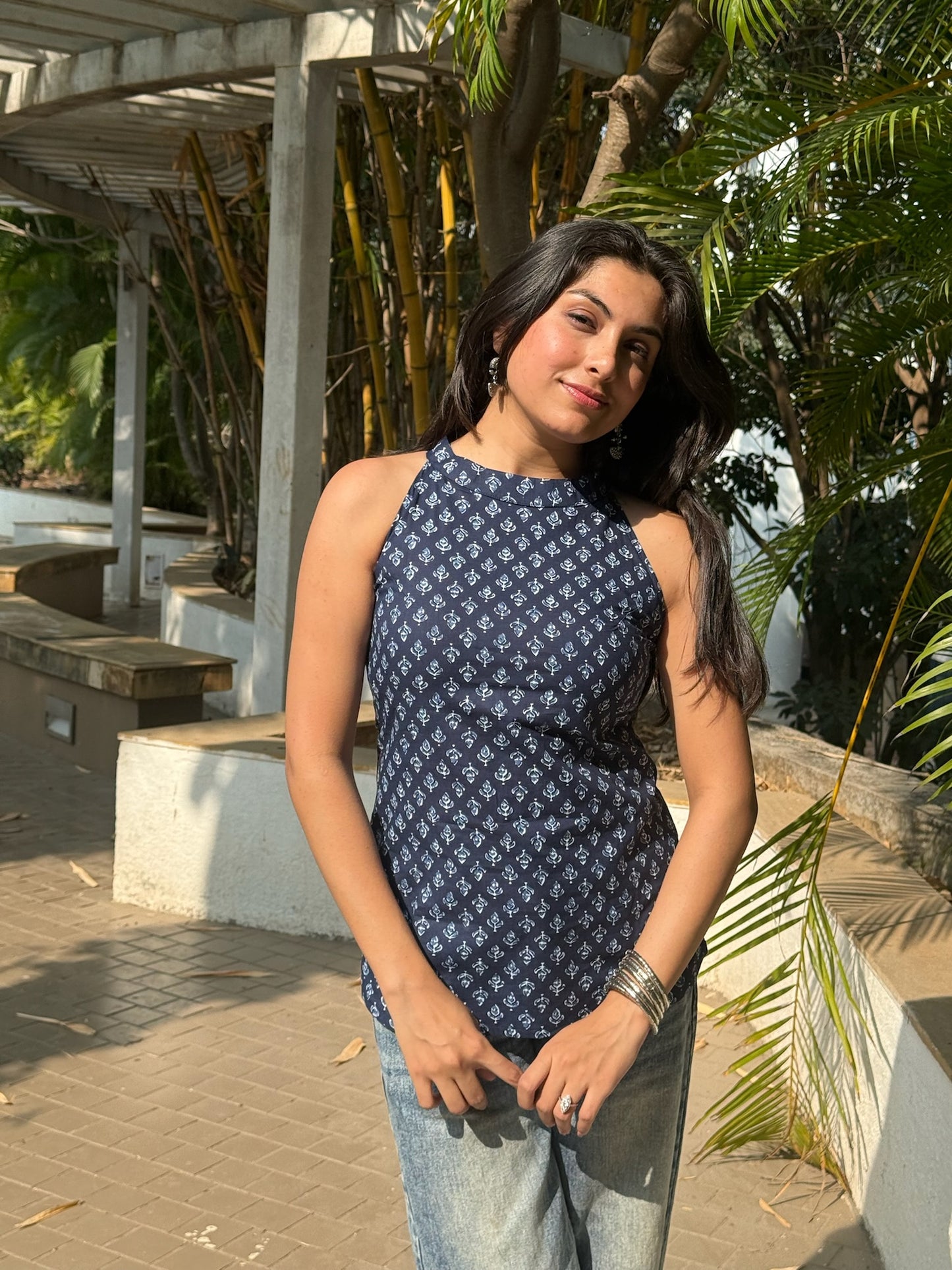 Indigo Blue Ajrakh Print Halter Neck Top with Tie-up back
