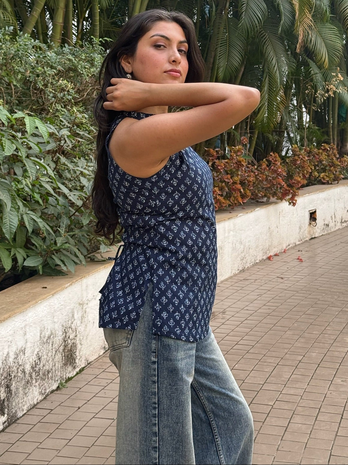 Indigo Blue Ajrakh Print Halter Neck Top with Tie-up back