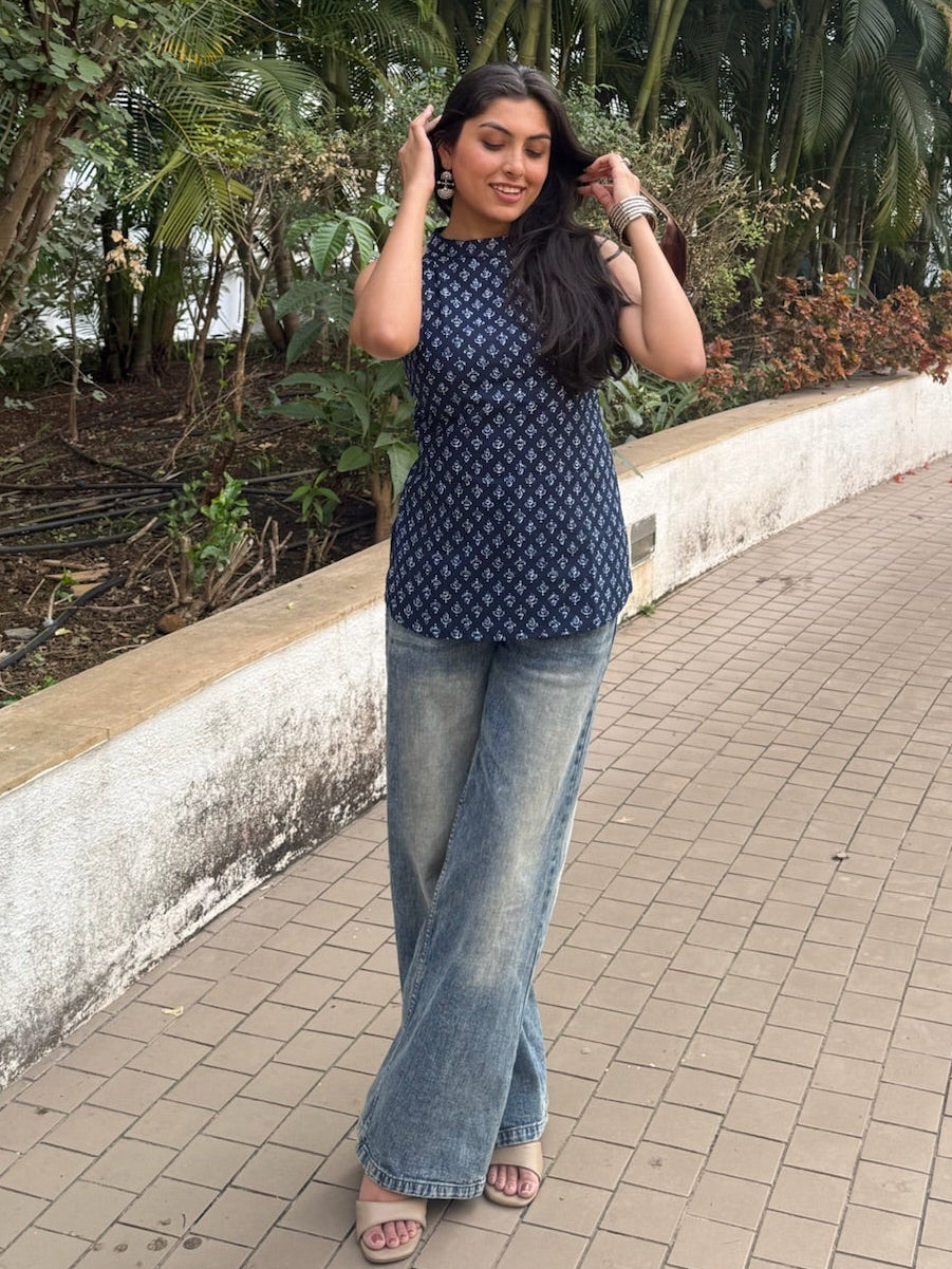 Indigo Blue Ajrakh Print Halter Neck Top with Tie-up back