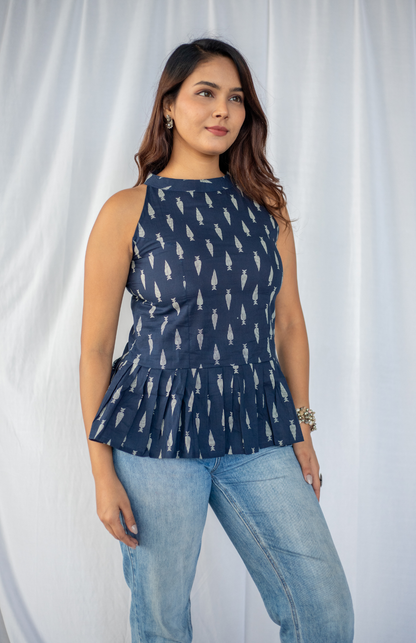navy blue leaf print cotton halter neck top model 