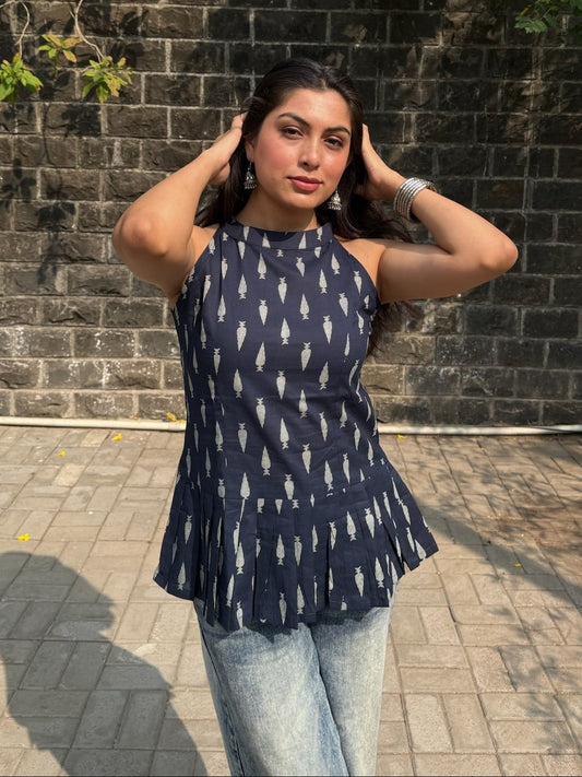 Navy Blue Leaf print Halter Neck Peplum Top