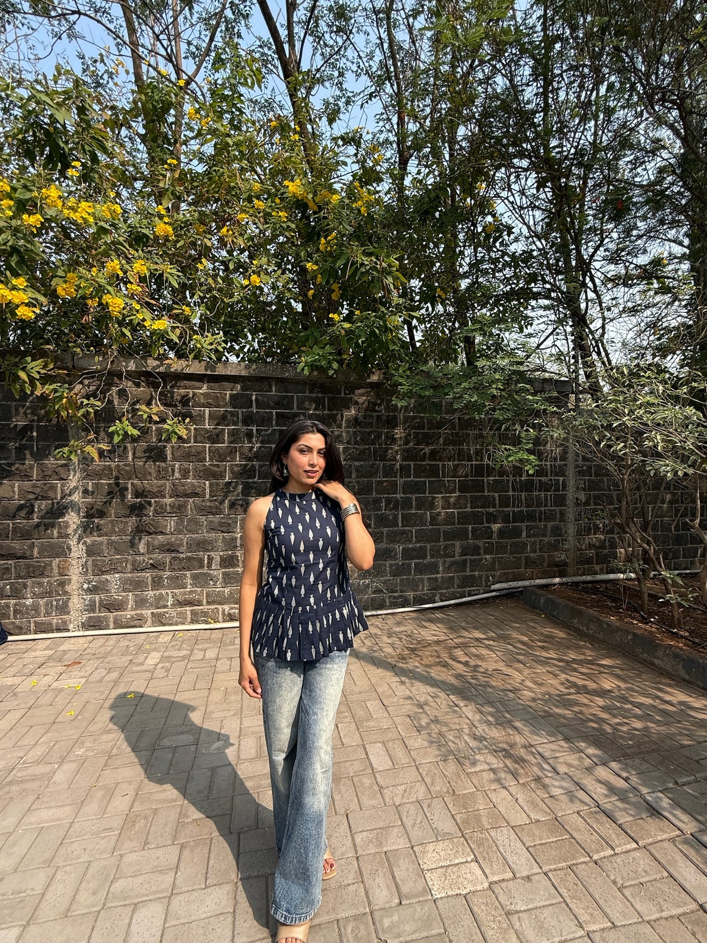 navy blue leaf print cotton halter neck top model view