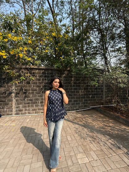 navy blue leaf print cotton halter neck top model view