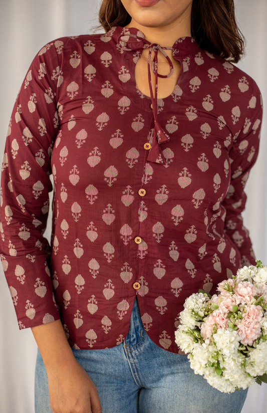 Wine Leaf Print Tie-up Neck Cotton Top