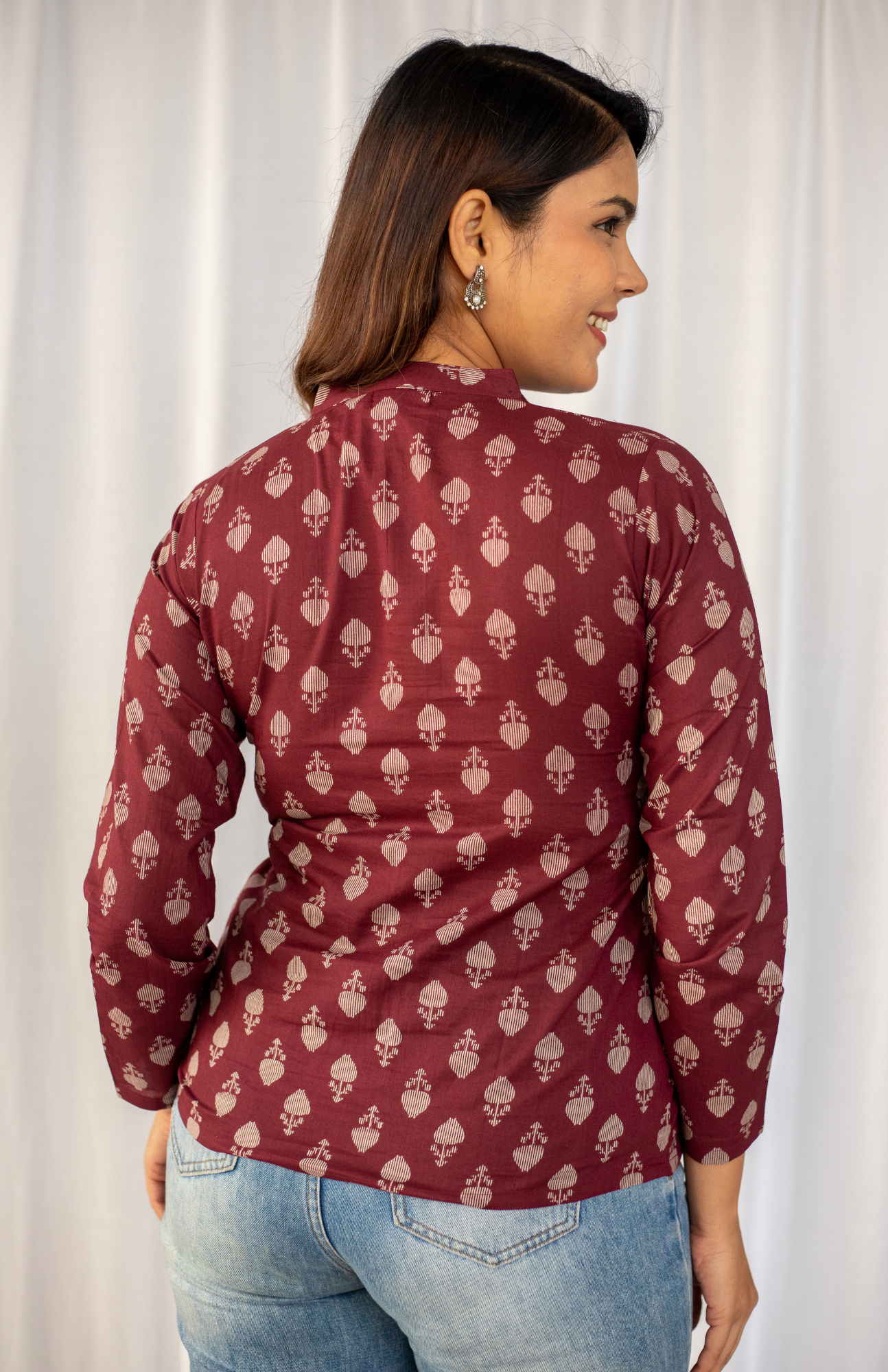 wine block print cotton top for women back view