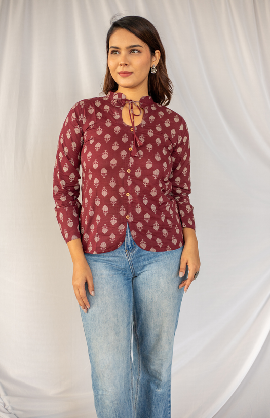 Wine Leaf Print Cotton Top