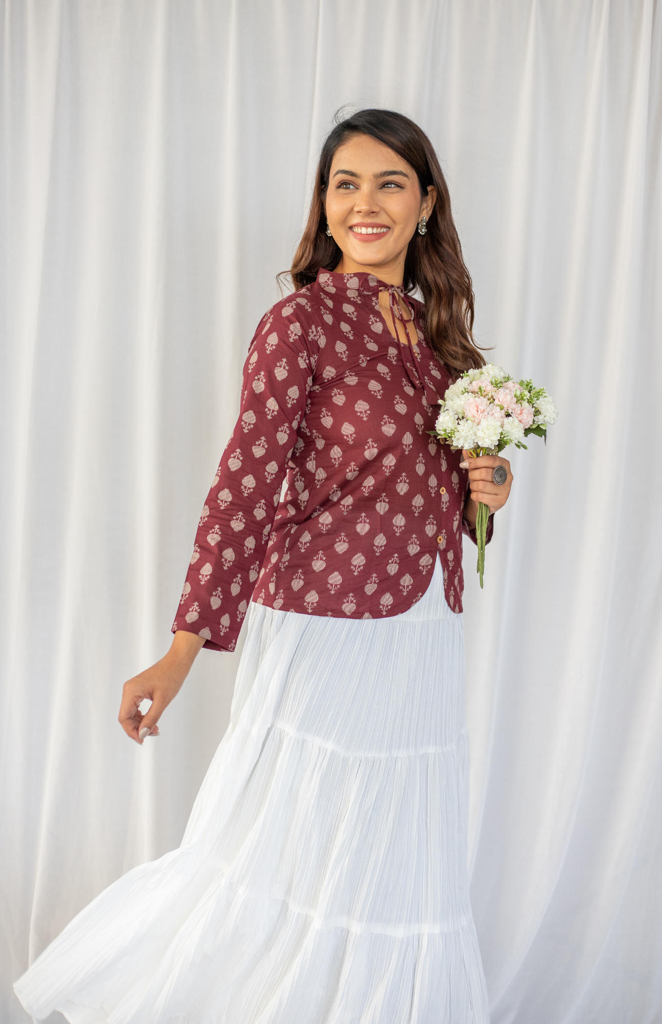 Wine Leaf Print Tie-up Neck Pure Cotton Top