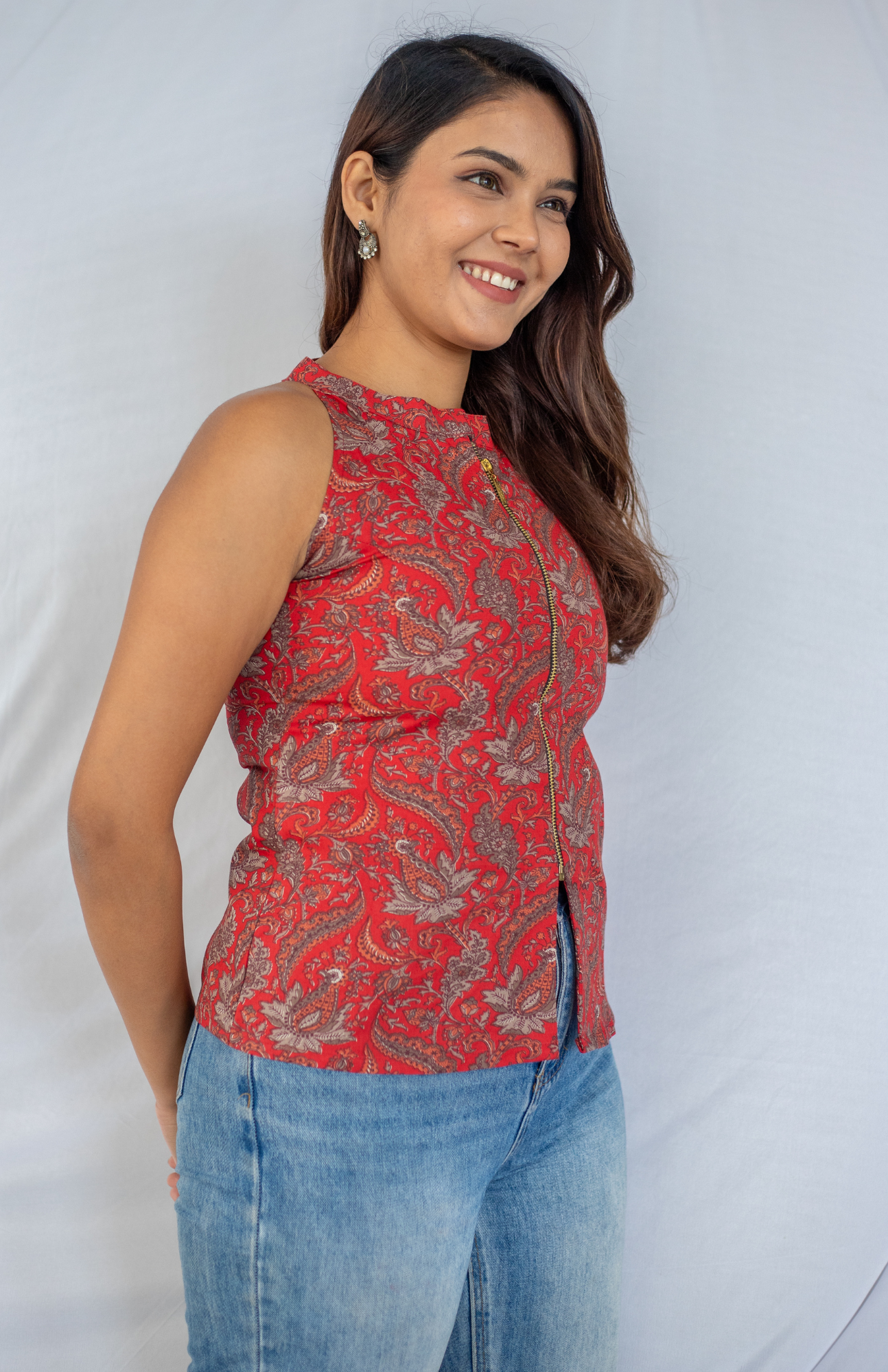 Red Kalamkari Halter Neck Zipline Top