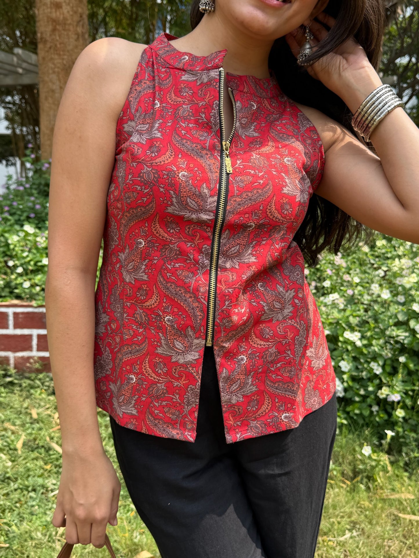 Red Kalamkari Cotton Halter Neck Zip Front Top for Women