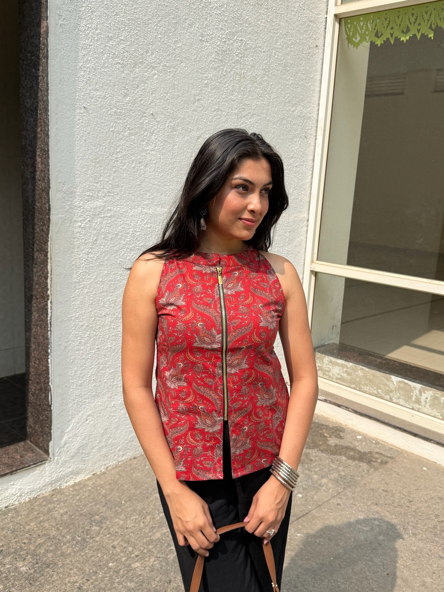 Red Kalamkari Cotton Halter Neck Zip Front Top for Women