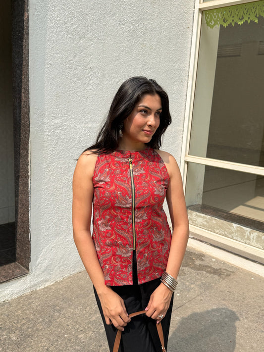 Red Kalamkari Halter Neck Zipline Top