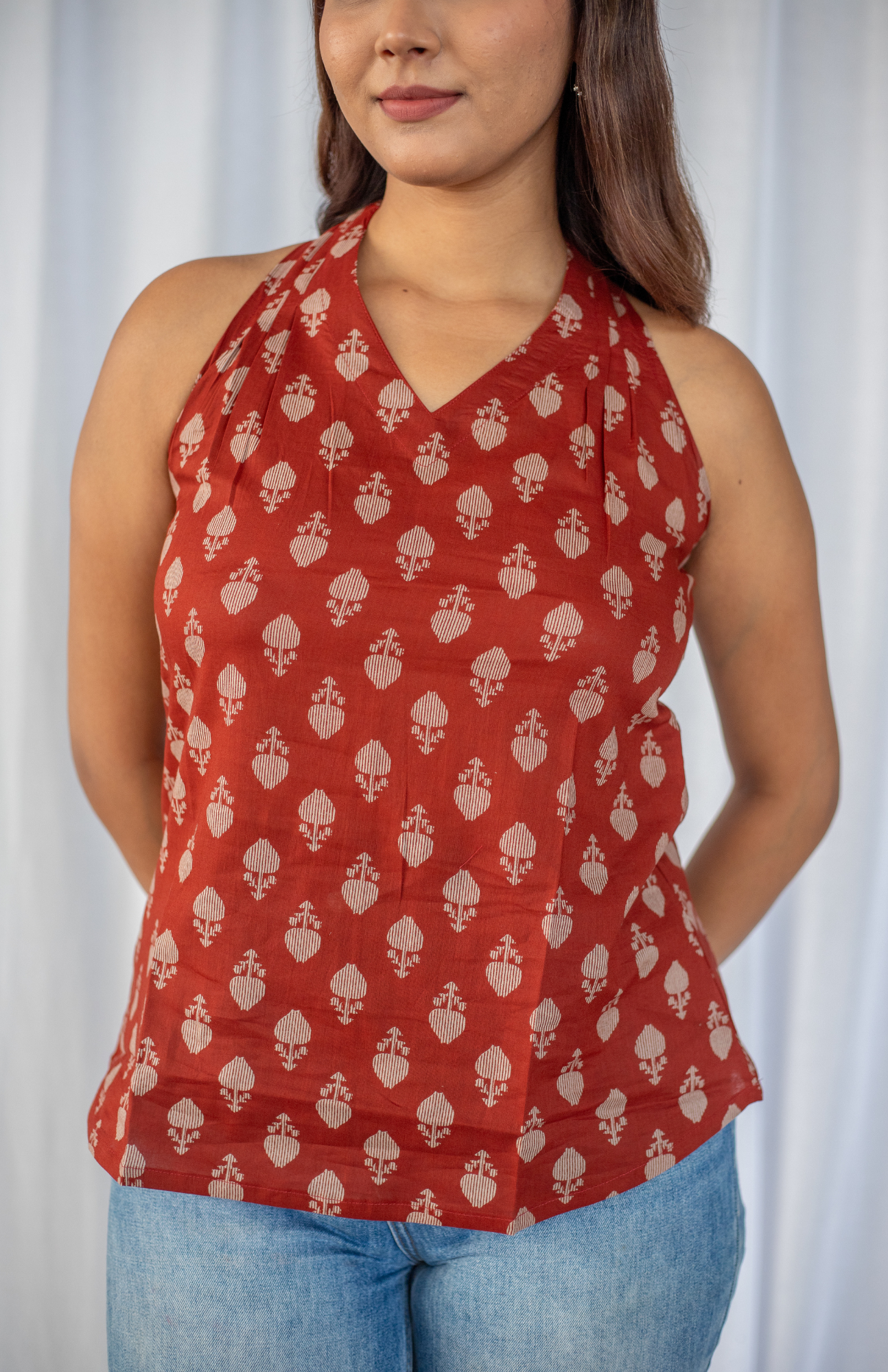 Rust Red Leaf Print V Neck Halter Neck Top