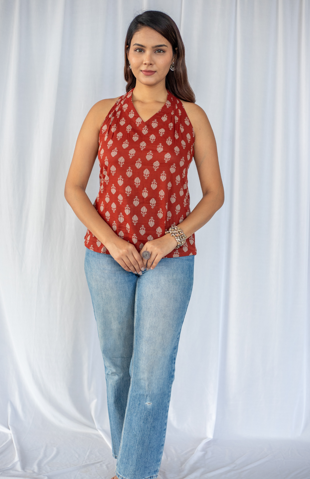 Rust V Neck Halter Neck Top