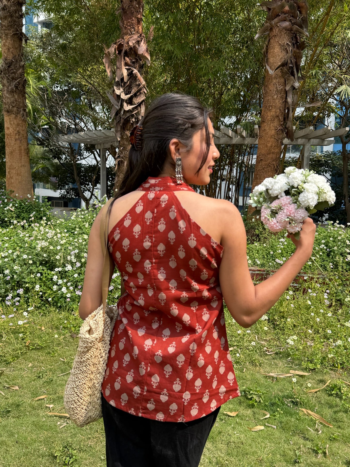 Rust Red Leaf Print Cotton Halter Neck Top for Women | V Neck