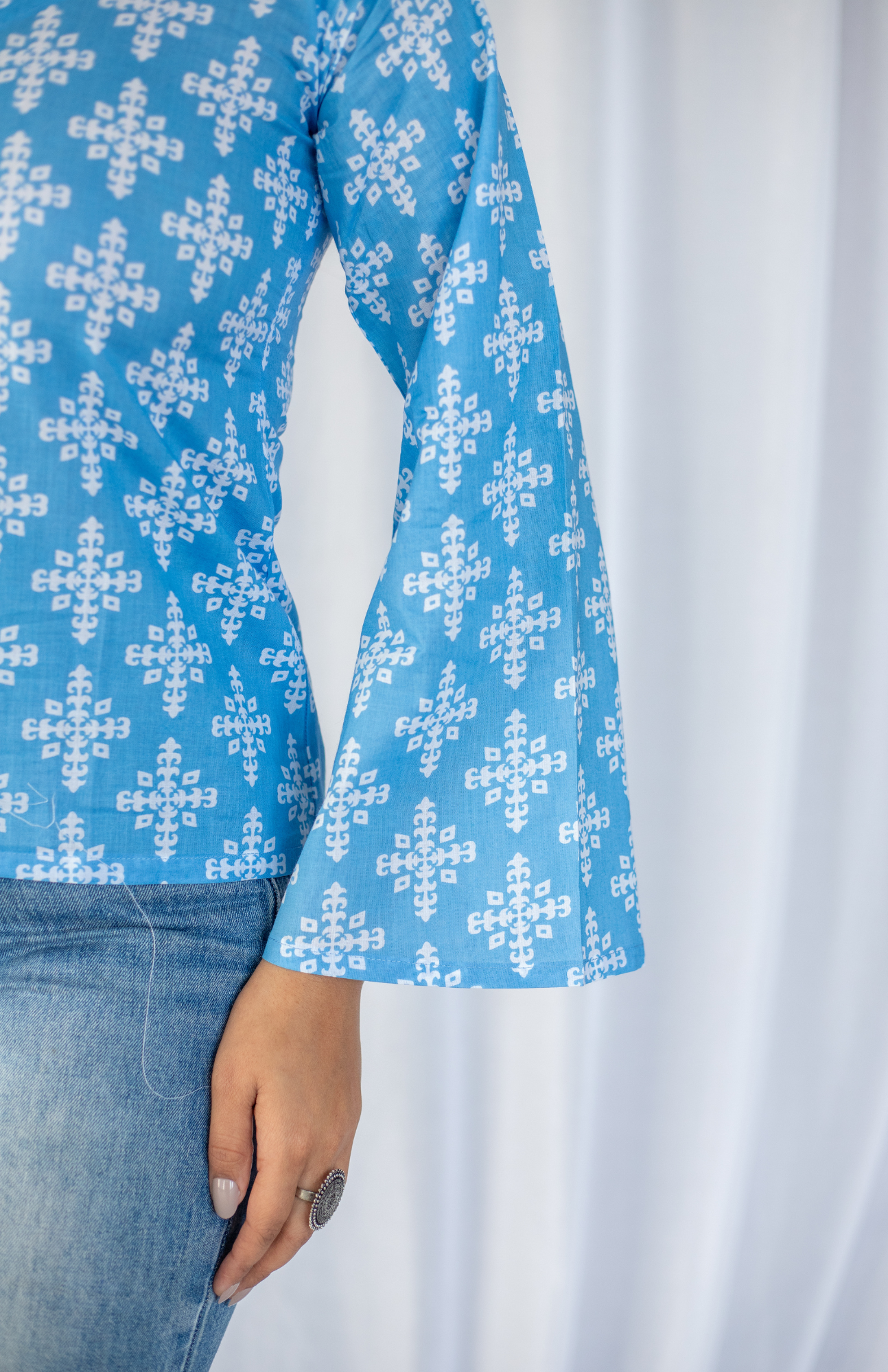 sky blue geometric cotton top bell sleeve detail