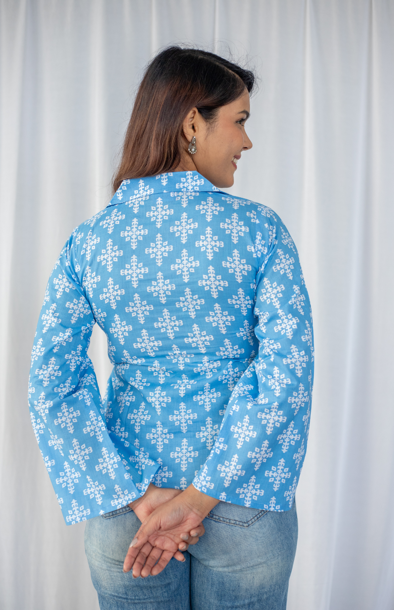 sky blue geometric cotton top for women back view