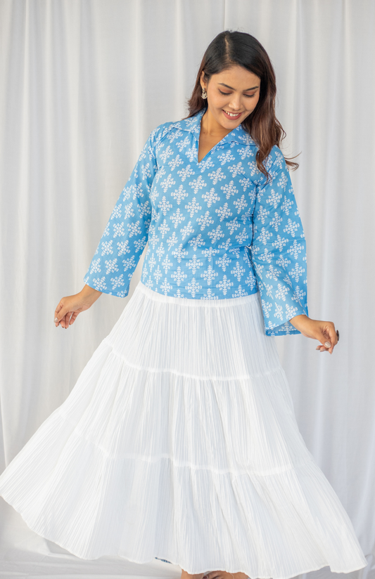 Sky Blue Geometric Print Notch Collar Bell Sleeve Top