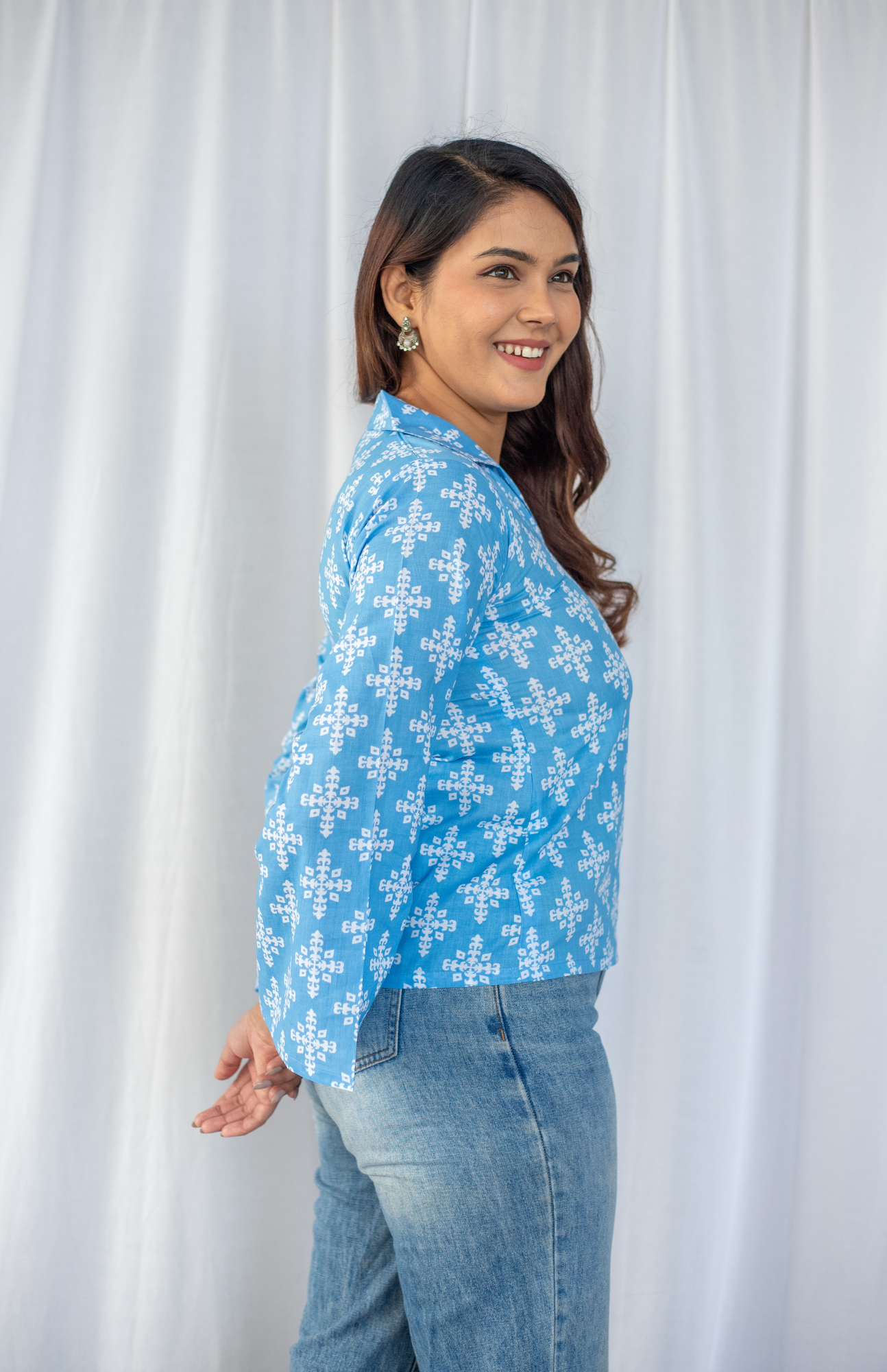 sky blue geometric cotton top for women side view