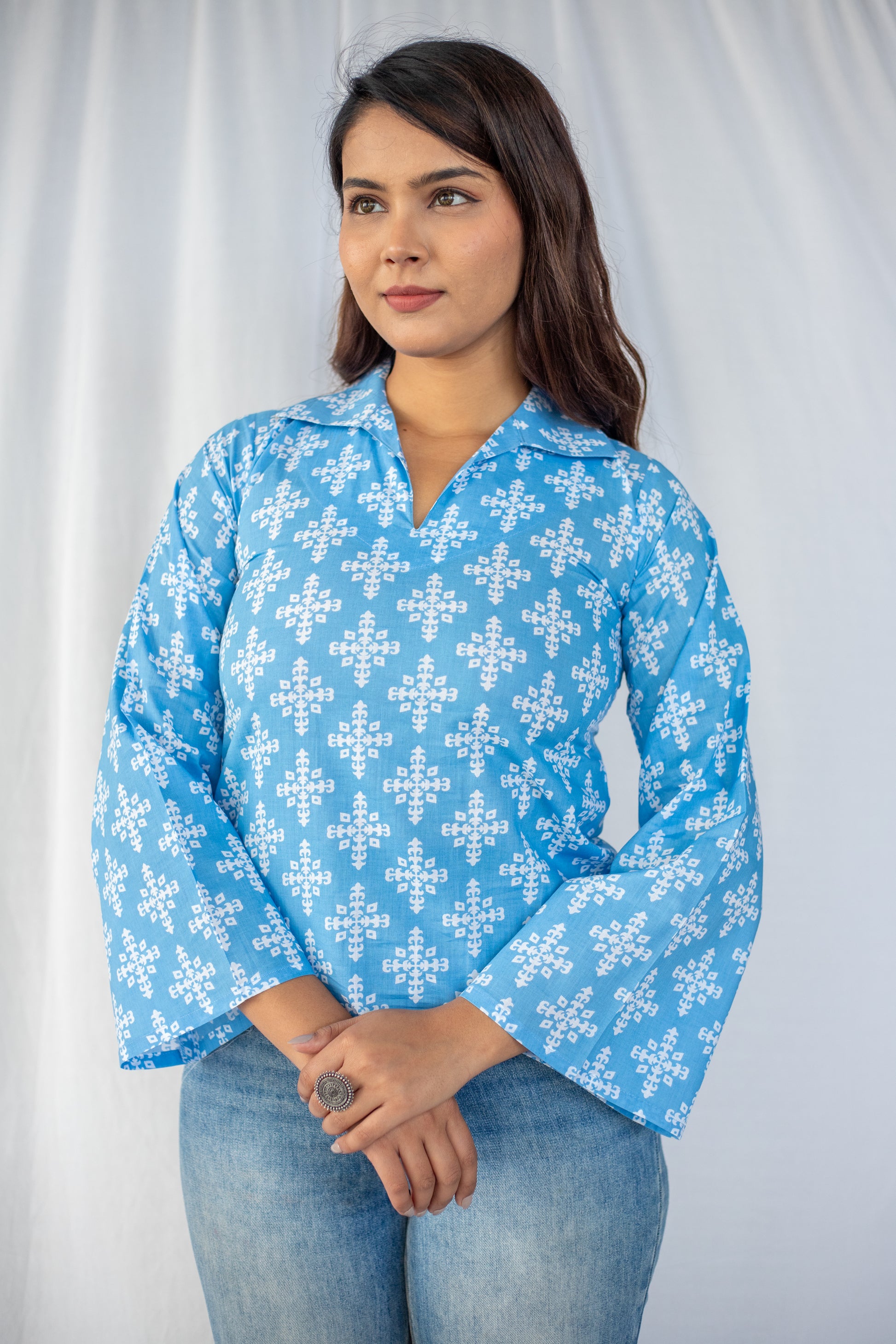 sky blue geometric cotton office wear top for women front view