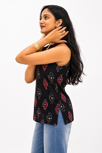 Black Ikat Collar Top