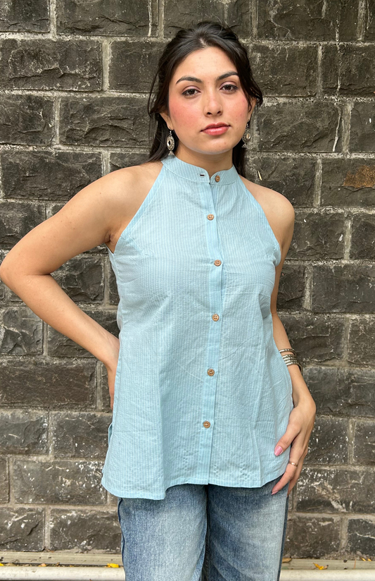 Sky Blue Color Kantha Mandarin Collar Halter Neck Shirt Sleeveless Shirt
